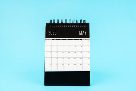 May 2026 Monthly desk calendar for 2026 year on blue color background.の写真素材