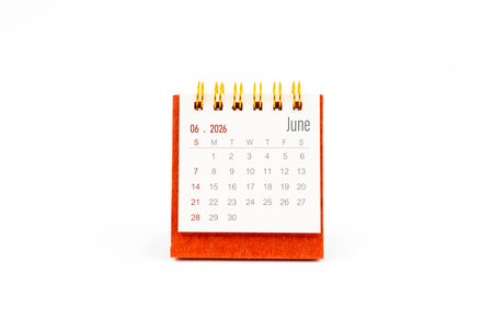 Red mini calendar for June 2026 year on white color background.の写真素材