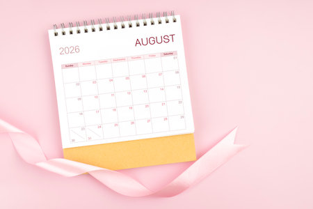 August 2026 desk calendar with pink pastel color ribbon.の写真素材
