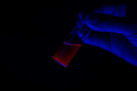 A chemistry reasercher holding a red fluorescent photochemical solution in small glass vial for pharmaceutical researchの写真素材