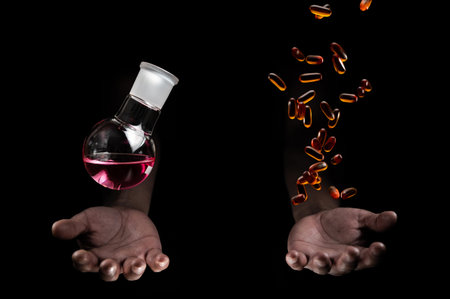 Chemistry round bottom flask and transparent pills dropping on a human scientist hand with black background copy space. Medicinal chemistry red chemical solution and chemical biology. chemisty laboratory and life.の写真素材