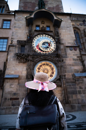 A beautiful woman in front of Astronomical clock at Prague Ccentre under Clear Blue Sky Sunny Summer. Full of Tourist peopleの写真素材