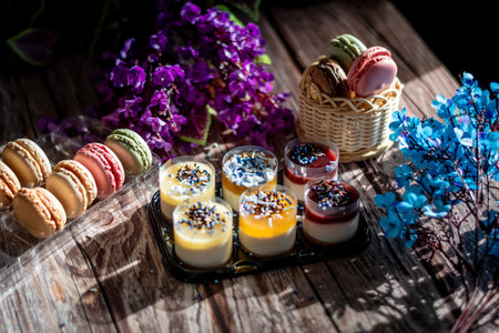 A delicious colourful fruit moose cake. Homemade Mango, strawberry and raspberry mousse. Jelly, sweet pastries.dessertの写真素材