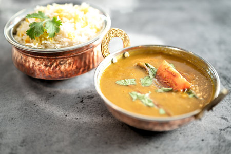 Indian food Thali combinations Indian-style meal with chicken, meat, roti, rice and salad. Indian food combinations. Copyspaceの写真素材