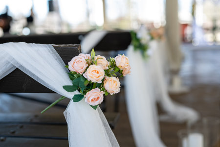 Cozy decoration of Beautiful romantic elegant wedding in a luxury dinner. Modern floral design for outdoor weddingの写真素材