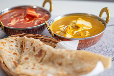 Indian food Thali combinations Indian-style meal with chicken, meat, roti, rice and salad. Indian food combinations. Copyspaceの写真素材