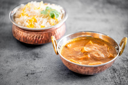 Indian food Thali combinations Indian-style meal with chicken, meat, roti, rice and salad. Indian food combinations. Copyspaceの写真素材