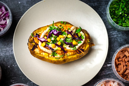 Golden Baked Smoky Grilled Potato with Sea Salt. Stuffed potatoes with bacon, onion, cheese and multiple ingredient. Served at the restaurant.の写真素材