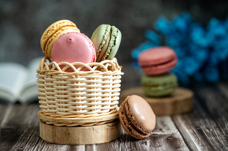 Tasty desserts of macarons. Dessert table with all kinds snacks. Celebration concept. Delicious treats for birthday party.の写真素材