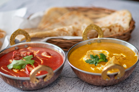 Indian food Thali combinations Indian-style meal with chicken, meat, roti, rice and salad. Indian food combinations. Copyspaceの写真素材