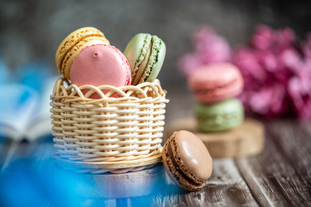 Tasty desserts of macarons. Dessert table with all kinds snacks. Celebration concept. Delicious treats for birthday party.の写真素材