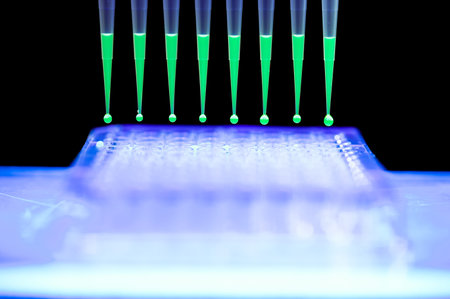 Medical research with multi channel pipette with fluorescent chemical solution. Pipetting sample into wellplate during scientific experiment inside laboratory. Genetic medicine development research from close-up view.の写真素材