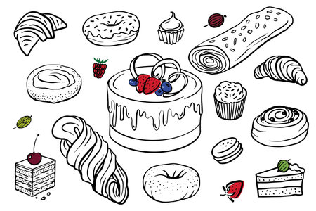 Cake and bakery doodle set. Vector illustration set of pastries, cake, croissant, bun, muffin, donut for bakery products shop and menu Isolated on white. homemade pastryのイラスト素材