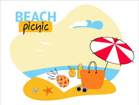 Beach picnic illustration with umbrella, pineapple, sunglasses, bag, drinks. Isolated image for summer event, relaxation, seaside fun, tropical vibes, outdoor enjoymentのイラスト素材