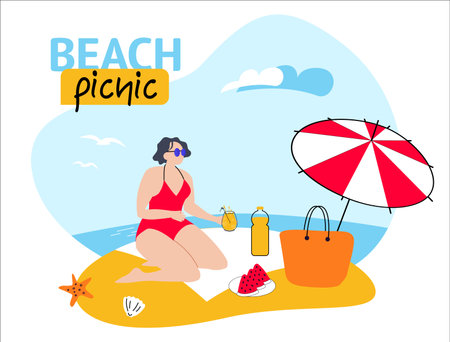 woman in a red swimsuit on sunny beach. An umbrella, bag, and watermelon the summer picnic scene for vacation themes, poster, banner, invitationのイラスト素材