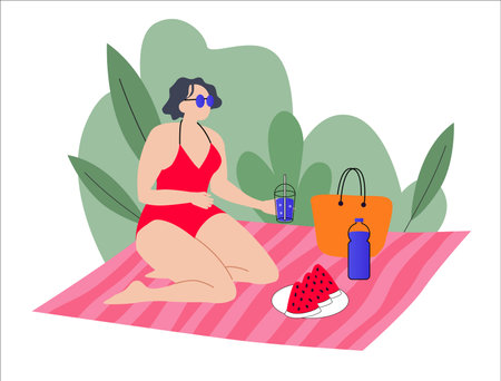 woman relax on a striped beach mat, enjoying drinks and watermelon. They're in swimsuits, surrounded by tropical leaves, chatting under the sunのイラスト素材