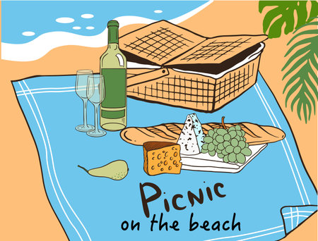picnic on the beach in French style: wine, cheese, baguette, fruit. Hand drawn illustration for poster, banner, ad, invitationのイラスト素材