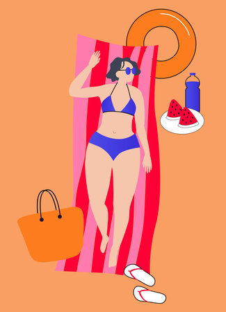 woman in a blue swimsuit sunbathes on the beach on a mat with drinks and fruits. . isolated simple illustration for poster, invitation, bannerのイラスト素材