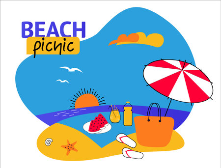 Beach picnic image with sunset, umbrella, watermelon, drinks, bag, sandals. Isolated illustration for summer fun, relaxation, seaside enjoyment, tropical vibes, outdoor leisure.のイラスト素材
