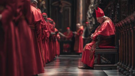 A solemn scene unfolds within a grand, dimly lit cathedral. A cardinal, distinguished by his vibrant red robes and mitre, sits pensively on a wooden bench, his head bowed in prayer. Several other cardinals, also clad in red, are seated in rows behind him, their faces partially obscured by shadows. The architecture of the cathedral is ornate, featuring intricate carvings, dark wood paneling, and a high vaulted ceiling. The lighting is dramatic, with a spotlight illuminating the cardinal and a deep darkness enveloping the rest of the space. The overall atmosphere is one of reverence and contemplation.の素材
