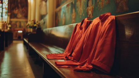 Interior of the church with a row of red t-shirtsの素材
