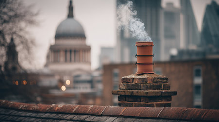 A brick chimney with a terracotta pot rises from a rooftop, emitting a plume of white smoke. In the background, the iconic dome of St. Paul's Cathedral dominates the skyline, alongside modern skyscrapers. The scene is captured from an elevated perspective, with a muted, overcast sky adding a sense of atmosphere. The foreground features a weathered, red-tiled roof, providing a textural contrast to the architectural elements in the distance.の素材