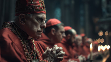 A group of elderly cardinals in red robes are kneeling in prayer within a grand, dimly lit cathedral. The cardinals, all with weathered faces and clasped hands, are positioned closely together, illuminated by the flickering light of numerous candles. The scene evokes a sense of solemnity, reverence, and perhaps, hidden secrets. The background features ornate architectural details and blurred figures, suggesting a large gathering. The overall mood is dark and contemplative.の素材