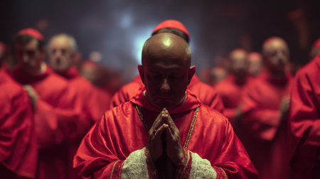 A close-up shot of a cardinal, dressed in a red clerical collar, kneeling in prayer amidst a group of similarly robed figures. The scene is shrouded in deep red light, creating a dramatic and somber atmosphere. The cardinalâs hands are clasped in prayer, and his face is turned towards the light, conveying a sense of reverence and devotion. The background is filled with blurred figures of other cardinals, all wearing red robes, suggesting a large gathering or ceremony. The overall composition emphasizes the cardinalâs central role and the solemnity of the occasion.の素材
