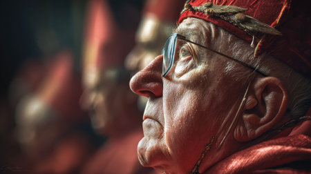 An elderly man with glasses gazes upwards with a contemplative expression. A small insect is perched on his headwear, adding a surreal element to the portrait. The lighting is dramatic, casting a warm red glow on his face and clothing, creating a sense of intensity and focus. The background is blurred, suggesting a crowd or a festive event. The manâs weathered skin and wrinkles speak to a life lived, while the insect symbolizes the unexpected and the transient nature of existence.の素材