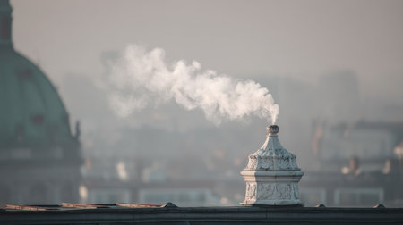 A white, ornate chimney stack rises from a rooftop, emitting a plume of white smoke into a hazy, overcast sky. The chimney sits atop a dark, weathered rooftop, with a distant, muted cityscape visible in the background, including a green dome-shaped building. The scene evokes a sense of urban decay and industrial activity.の素材