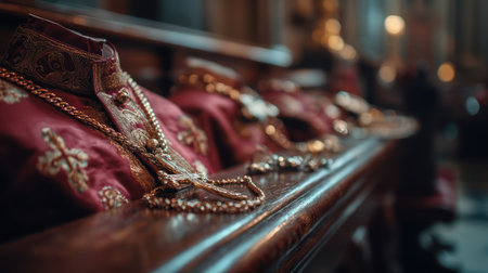 A dark, close-up shot of a wooden pew in an Orthodox church. Rich, burgundy-colored vestments are draped across the bench, adorned with intricate gold embroidery and beaded embellishments. The lighting is dim, creating a sense of reverence and highlighting the textures of the fabric and wood. A blurred background reveals the interior of the church, with hints of stained glass and other religious artifacts. The focus is on the details of the vestments and the aged wood of the pew, evoking a feeling of tradition and solemnity.の素材