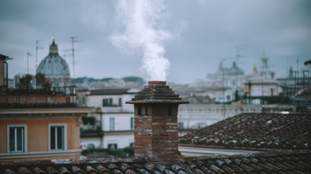 A brick chimney with a decorative hood emits a plume of white steam against a cloudy sky. The chimney sits atop a tiled rooftop, with other buildings and the dome of St. Peter's Basilica visible in the background. The scene is captured from an elevated perspective, showcasing the cityscape of Rome on a gray, overcast day.の素材