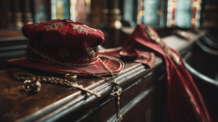 A richly detailed, close-up shot of a ceremonial hat and cloak resting on a wooden pew in a dimly lit church. The hat, predominantly crimson red with gold embroidery and a velvet lining, sits atop a folded cloak also in deep red. A silver rosary hangs from the hatの素材