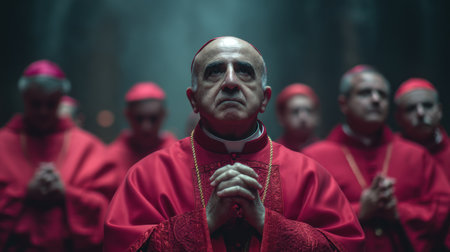 A close-up shot of a senior cardinal, wearing a vibrant red Roman Catholic hat and a gold chain, kneeling in prayer with a group of other cardinals. The background is dark and blurred, suggesting a dimly lit church or chapel. The cardinalâs face is solemn and intense, with his hands clasped in prayer. The lighting is dramatic, highlighting the cardinalâs face and the red robes. The overall mood is serious and contemplative. The other cardinals are partially visible in the background, all wearing similar red robes.の素材