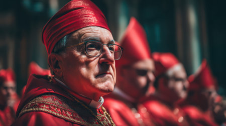 A senior cardinal, wearing a vibrant red zucchetto and ornate vestments, stands with a contemplative expression. He is part of a group of cardinals, all dressed in similar red attire, seated in a dimly lit, grand interior space, possibly a cathedral. The background is blurred, suggesting a large gathering or ceremony. The lighting is dramatic, highlighting the cardinalâs face and the rich colors of his robes. The image evokes a sense of solemnity and authority.の素材