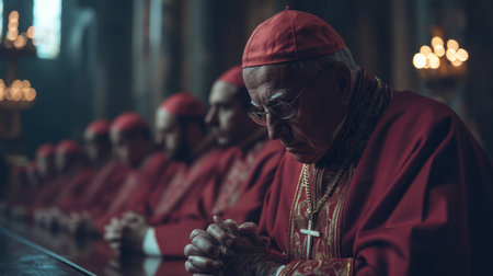 A row of cardinals in red robes are kneeling in prayer, illuminated by dim candlelight in a grand, dark church interior. The cardinals, all elderly men, are wearing traditional ecclesiastical attire, including birettas, crosses, and ornate robes. Their faces are solemn and contemplative, with hands clasped in prayer. The setting is a richly decorated church with dark wood paneling, ornate chandeliers, and a long, wooden table. The overall mood is one of reverence and solemnity. The image is shot with a shallow depth of field, focusing on the cardinals and blurring the background.の素材