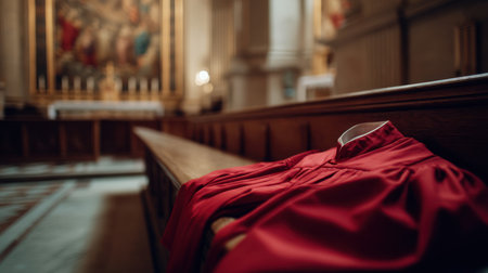 A red stole rests on a wooden pew in a dimly lit church. The background features a grand altar with a large painting depicting religious figures. The pew is in sharp focus, while the background is blurred, creating a sense of depth and emphasizing the stole's presence. The lighting is dramatic, highlighting the rich colors and textures of the church interior. The scene evokes a feeling of solemnity and reverence.の素材