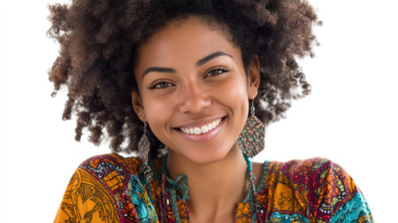 A young Black woman with voluminous, curly afro hair smiles warmly at the camera. She is wearing a vibrant, patterned shirt with a mix of yellow, orange, and blue colors. Her earrings are large, ornate, and decorated with a geometric pattern. Her expression is joyful and inviting. The background is a plain white, creating a clean and focused portrait.の素材