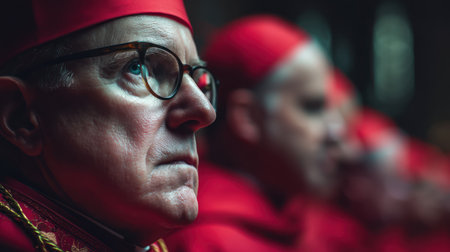 Deep Cardinal A close-up shot of a senior cardinal, wearing a red biretta and ornate ...
