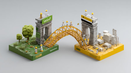 A miniature isometric diorama depicts a construction site with a golden bridge connecting two stylized stone arches. The bridge is supported by yellow scaffolding and construction equipment. The scene includes a small green patch of grass, a tree, and a cityscape in the background. Construction workers wearing yellow hard hats and safety vests are visible throughout the scene. The overall style is a playful and illustrative representation of construction and infrastructure development. The color palette is dominated by yellow, green, and gray, with a focus on geometric shapes and textures.の素材