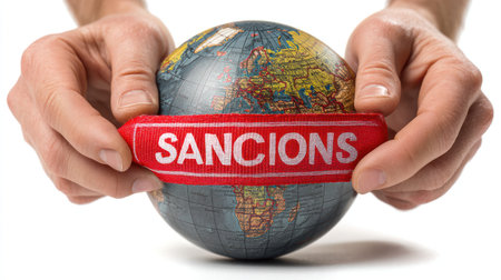 A pair of hands gently holds a miniature globe, with a red ribbon wrapped around it. The word "SANCTIONS" is prominently displayed on the ribbon. The background is a clean, bright white, creating a stark contrast and emphasizing the focus on the globe and the ribbon. The hands are fair-skinned and appear to be of a young adult.の素材