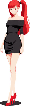 A beautiful woman in a black dress with red hair. Vector illustrationのイラスト素材