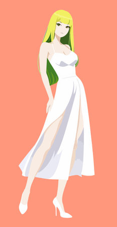 Beautiful girl in a white dress with long hair. Vector illustrationのイラスト素材