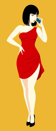 beautiful woman in a red dress talking on the phone. vector illustrationのイラスト素材