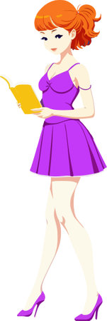 Illustration of a Cute Girl Wearing a Purple Dress Holding a Bookのイラスト素材
