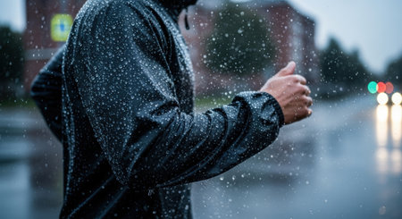 Close-up of a runner in a black jacket, braving heavy rain in an urban setting. Focus on resilience, determination, and the impact of weather on outdoor activities.の素材