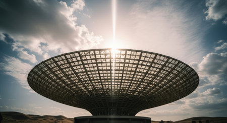 A low-angle shot of a futuristic, grid-like dome structure in a desert landscape, with a bright sunbeam piercing through the center, creating a dramatic and surreal atmosphere.の素材
