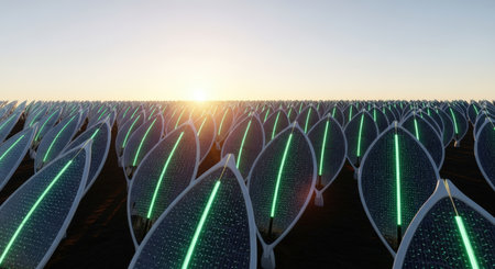 A field of futuristic leaf-shaped solar panels with green illuminated strips, bathed in the warm glow of the setting sun, symbolizing sustainable energy and innovation.の素材