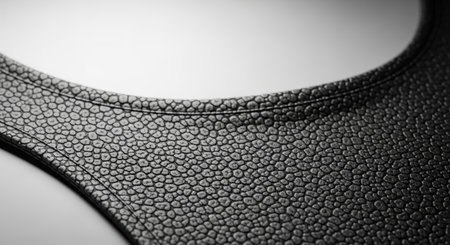 A close-up shot showcases the intricate texture of black leather, highlighting its pebble-grained surface and precise stitching, creating a sophisticated and tactile visual experience.の素材