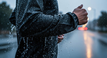 Close-up of a person running in the rain, wearing a black jacket covered in raindrops, blurred background with city lights.の素材